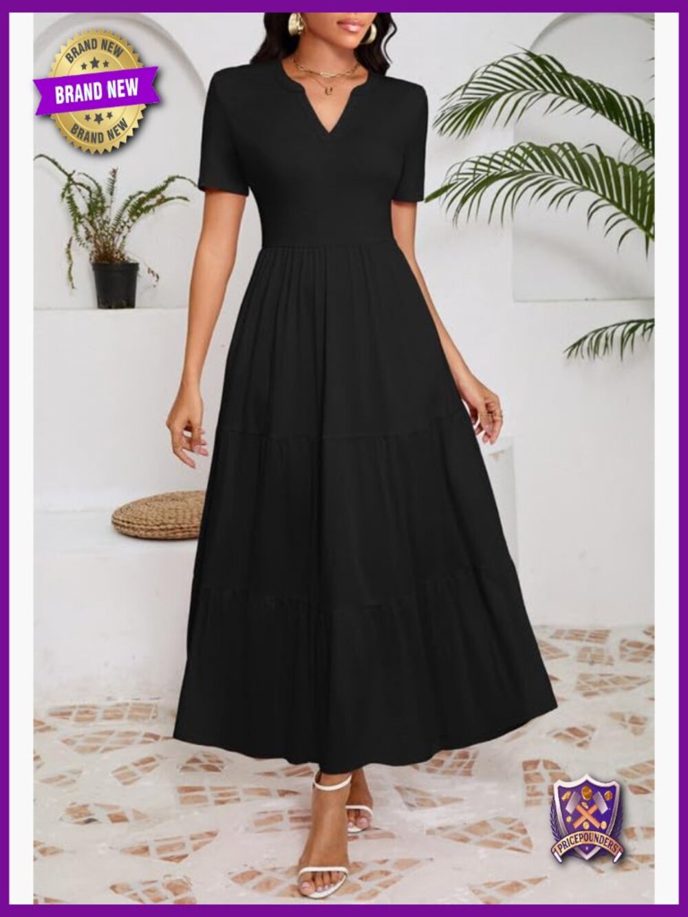 Women's Casual Loose Maxi Dress with Pockets V Neck Short Sleeve Tiered Long - Picture 5 of 7